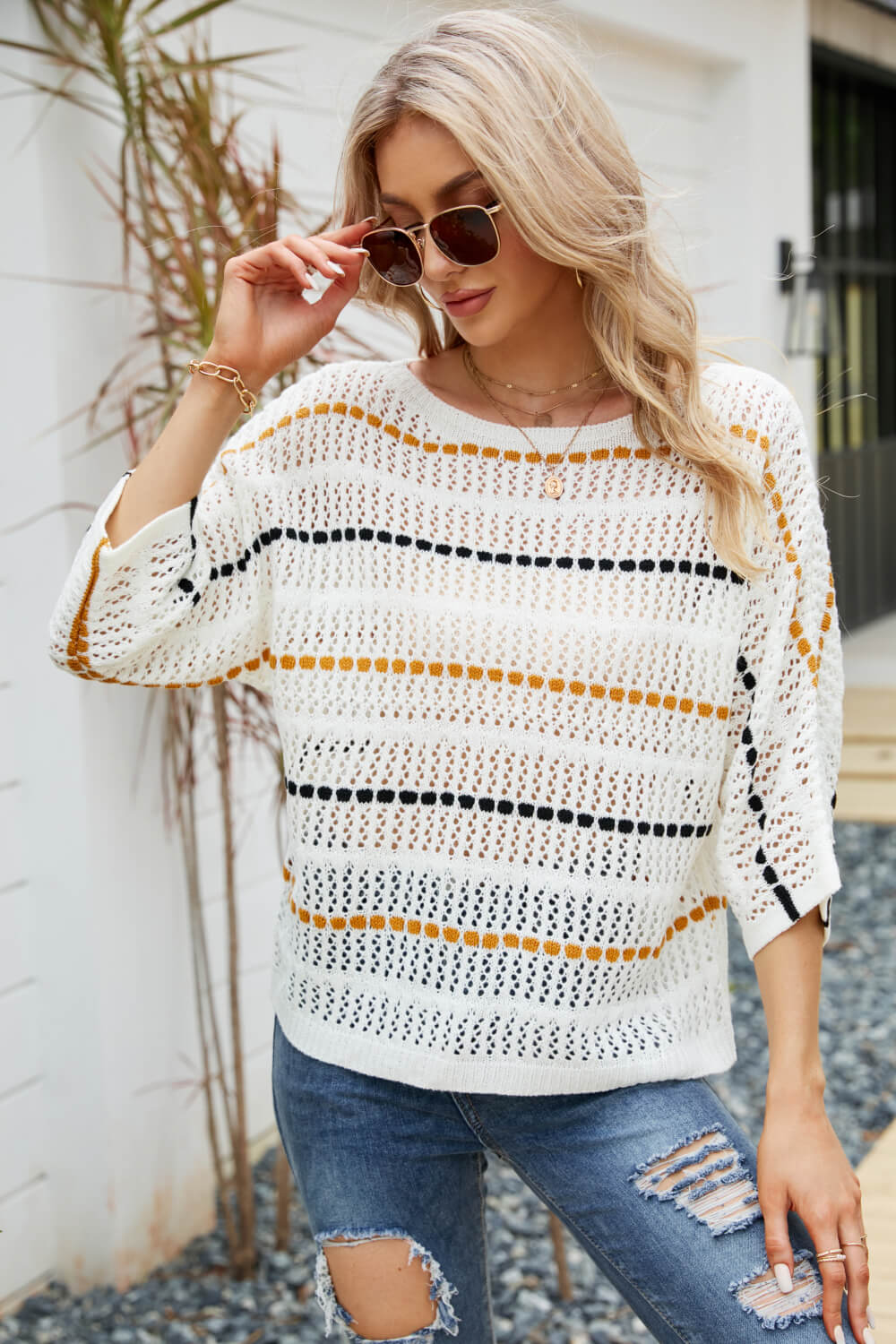 Striped Openwork Three-Quarter Sleeve Knit Top - SHIRLYN.CO