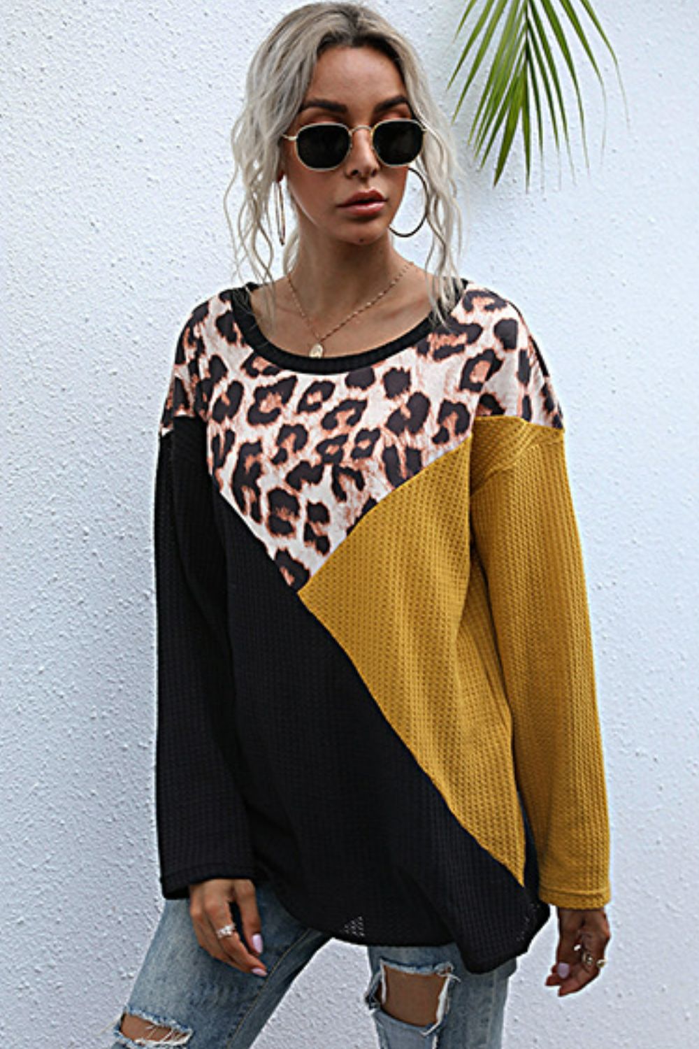 Leopard Color Block Waffle-Knit Top - SHIRLYN.CO