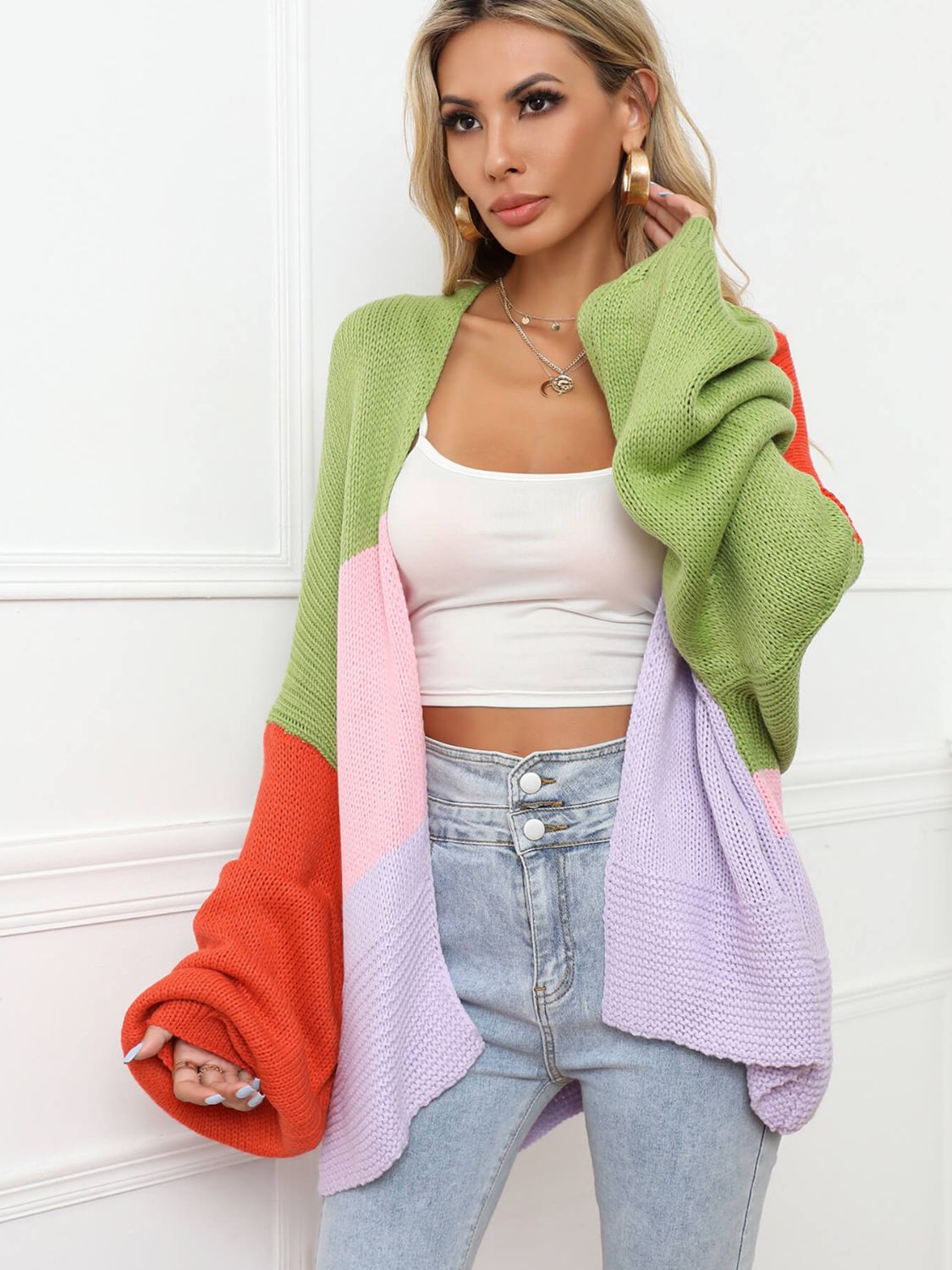 Color Block Open Front Balloon Sleeve Longline Cardigan - SHIRLYN.CO