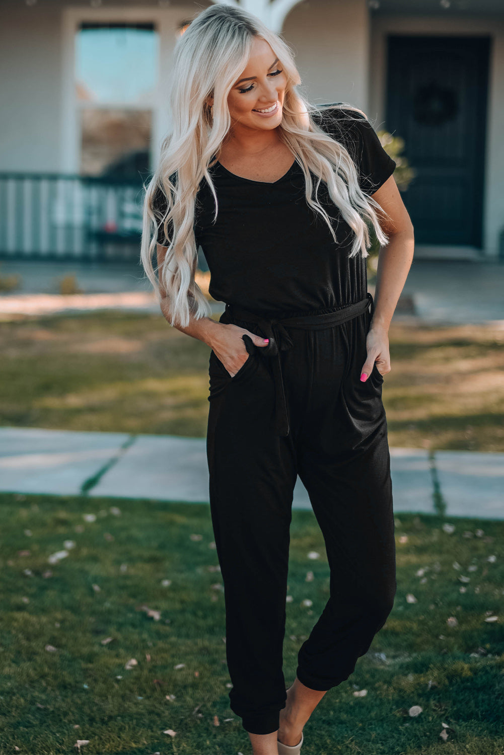 Belted V-Neck Jogger Jumpsuit - SHIRLYN.CO