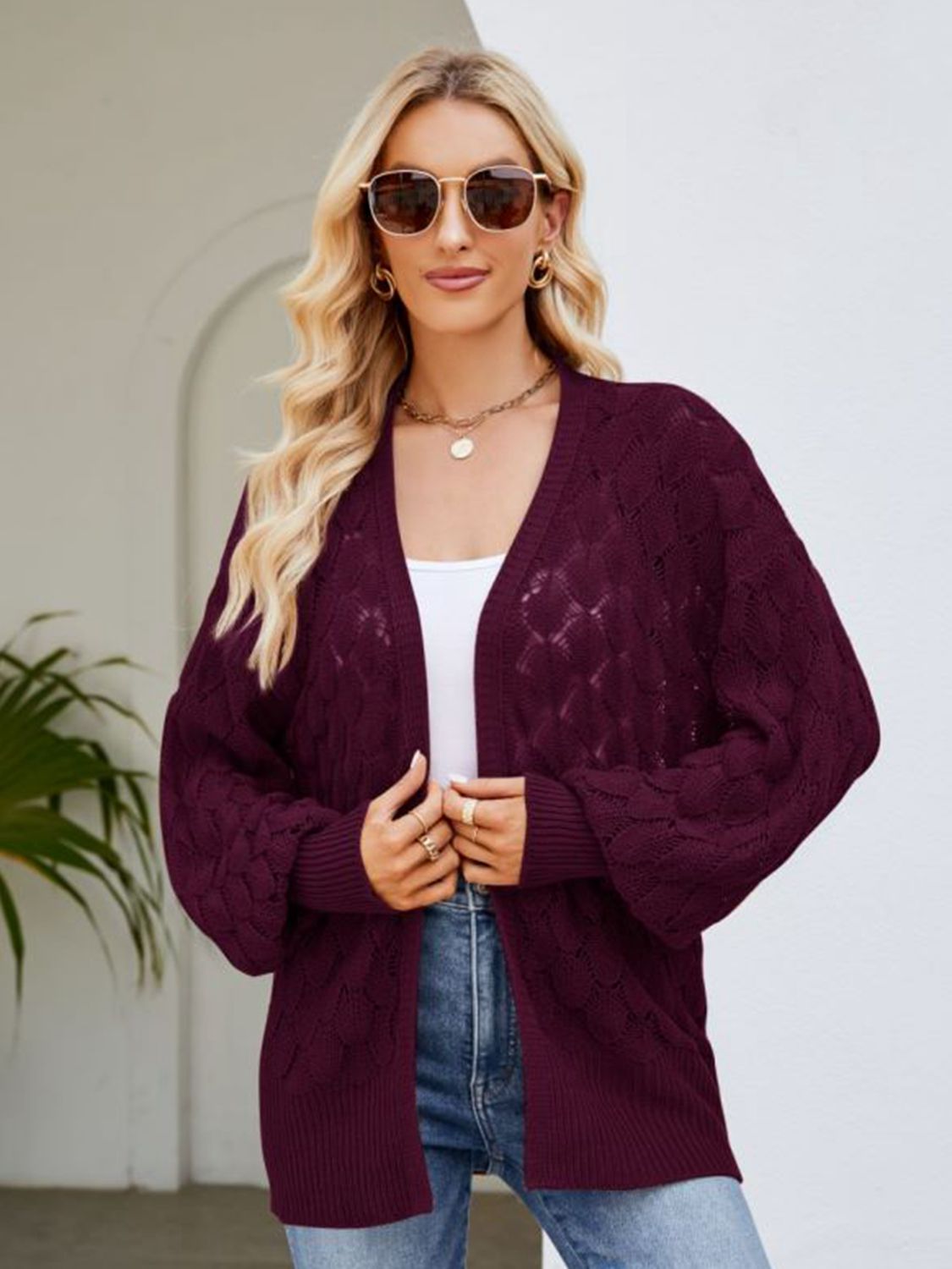 Open Front Ribbed Trim Cardigan