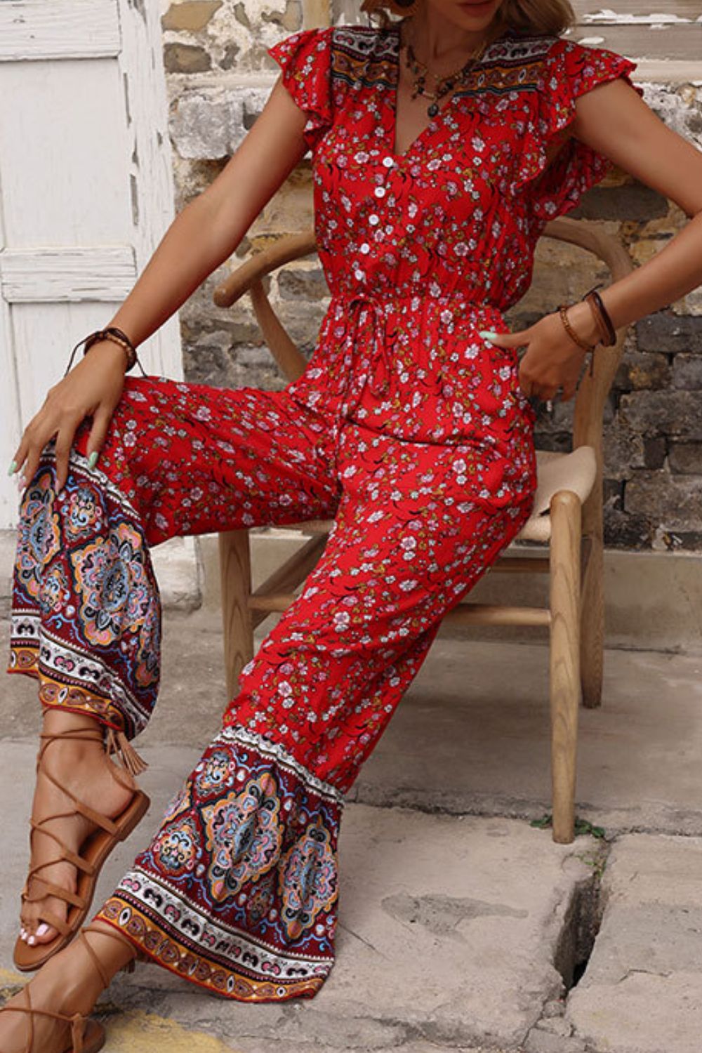 Bohemian Flutter Sleeve Tied Jumpsuit - SHIRLYN.CO