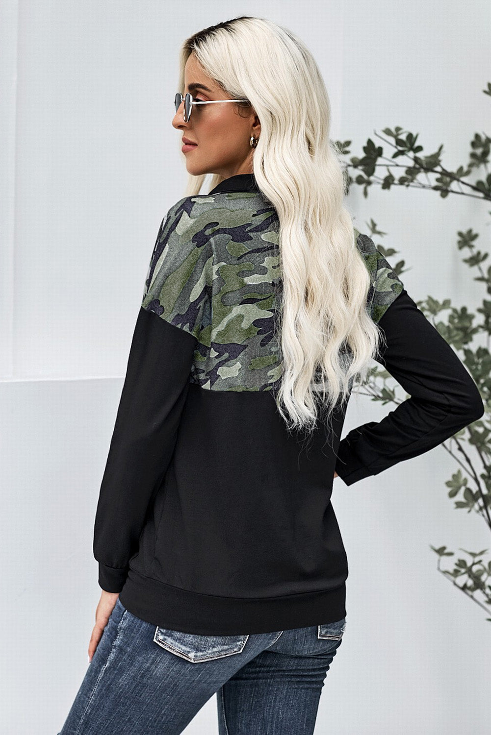 Camouflage Quarter-Zip Drop Shoulder Sweatshirt - SHIRLYN.CO