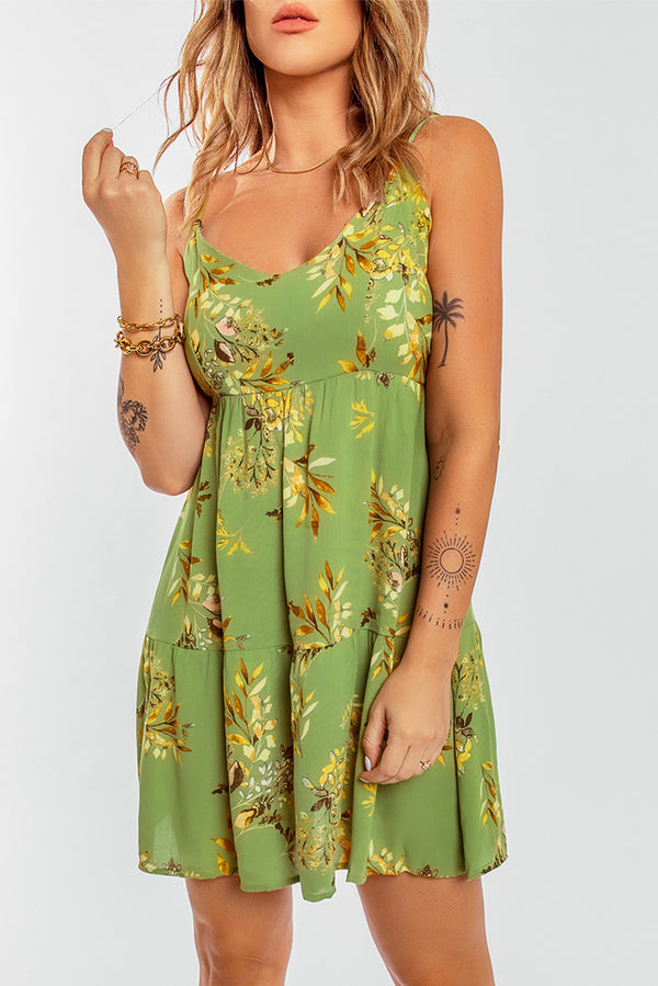 Botanical Print Backless Tied Spaghetti Strap Dress - SHIRLYN.CO