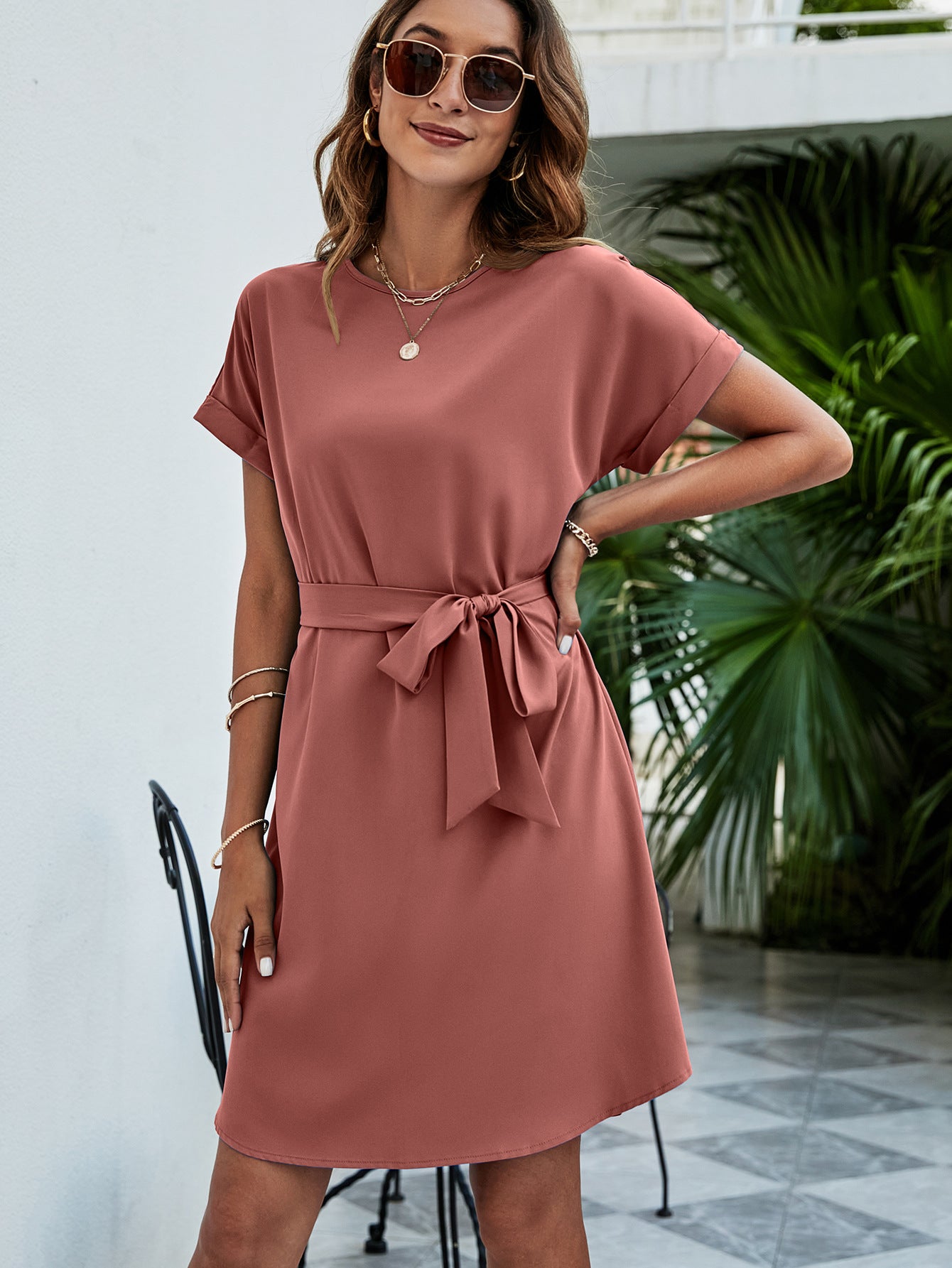 Belted Round Neck Curved Hem Dress - SHIRLYN.CO