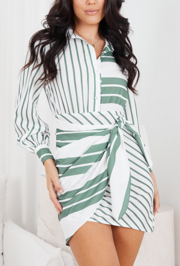 Summer Women Polo Collar Stripes Stitching Side Knotted Long Sleeve Dress - SHIRLYN.CO