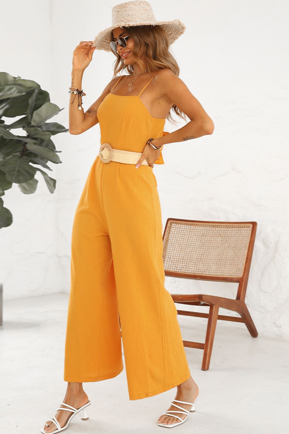 Shirlyn Luxe - Cutout Spaghetti Strap Tie Back Wide Leg Jumpsuit - SHIRLYN.CO