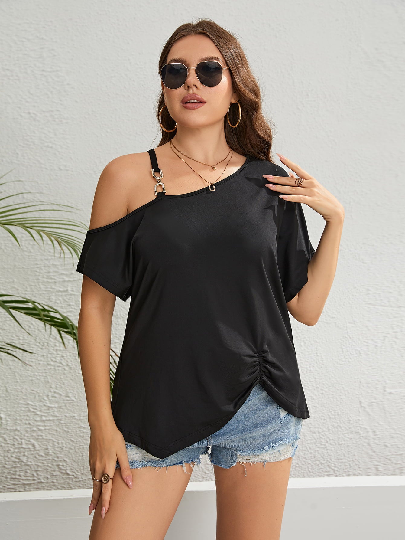 Plus Size Asymmetrical Neck Ruched Short Sleeve Blouse - SHIRLYN.CO