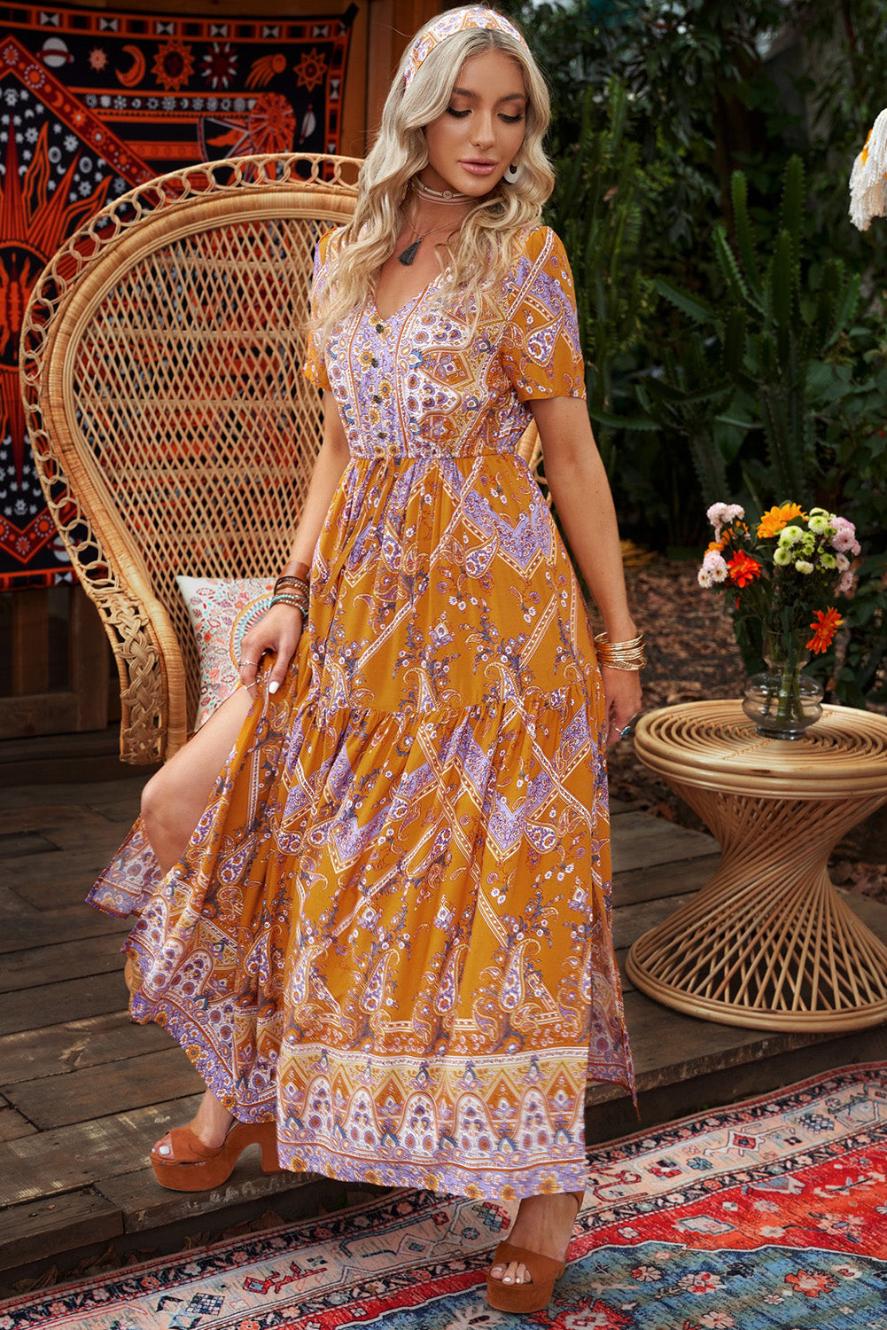 Bohemian Side Slit V-Neck Maxi Dress - SHIRLYN.CO