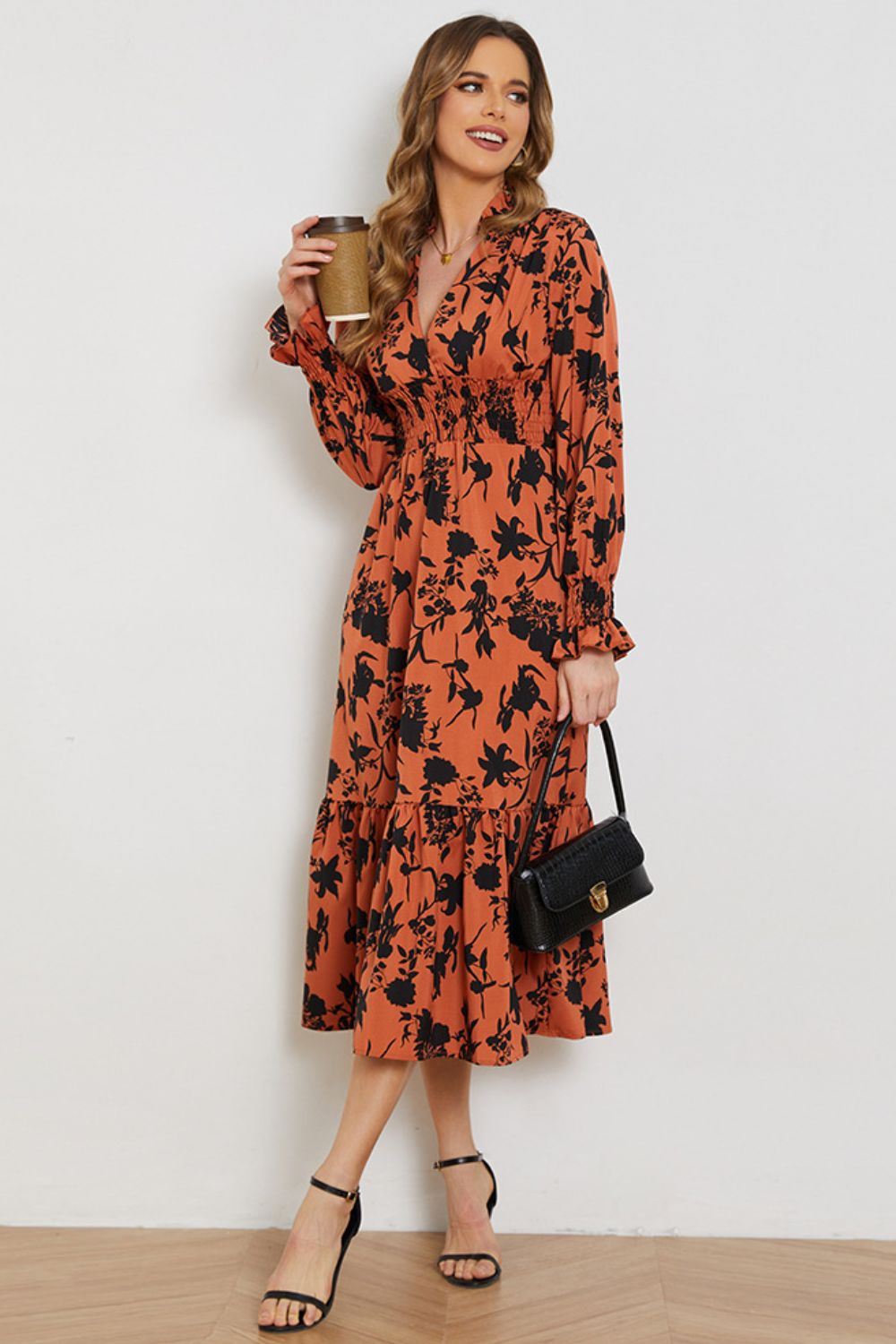 Floral Smocked Long Flounce Sleeve Dress - SHIRLYN.CO