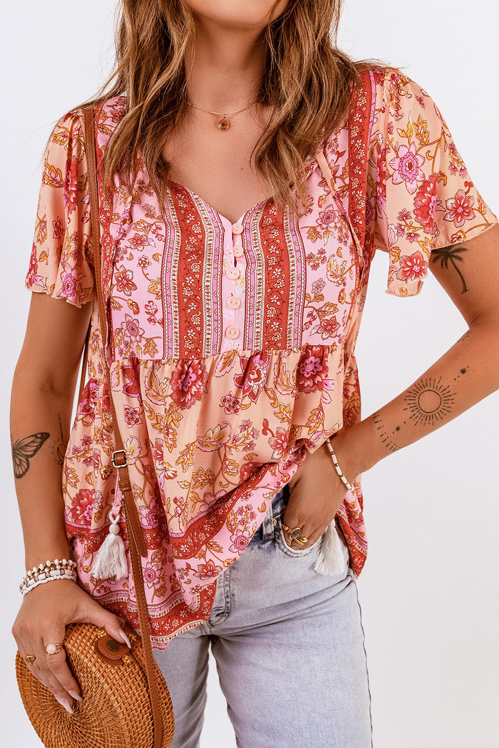 Bohemian Buttoned Short Puff Sleeve Blouse - SHIRLYN.CO