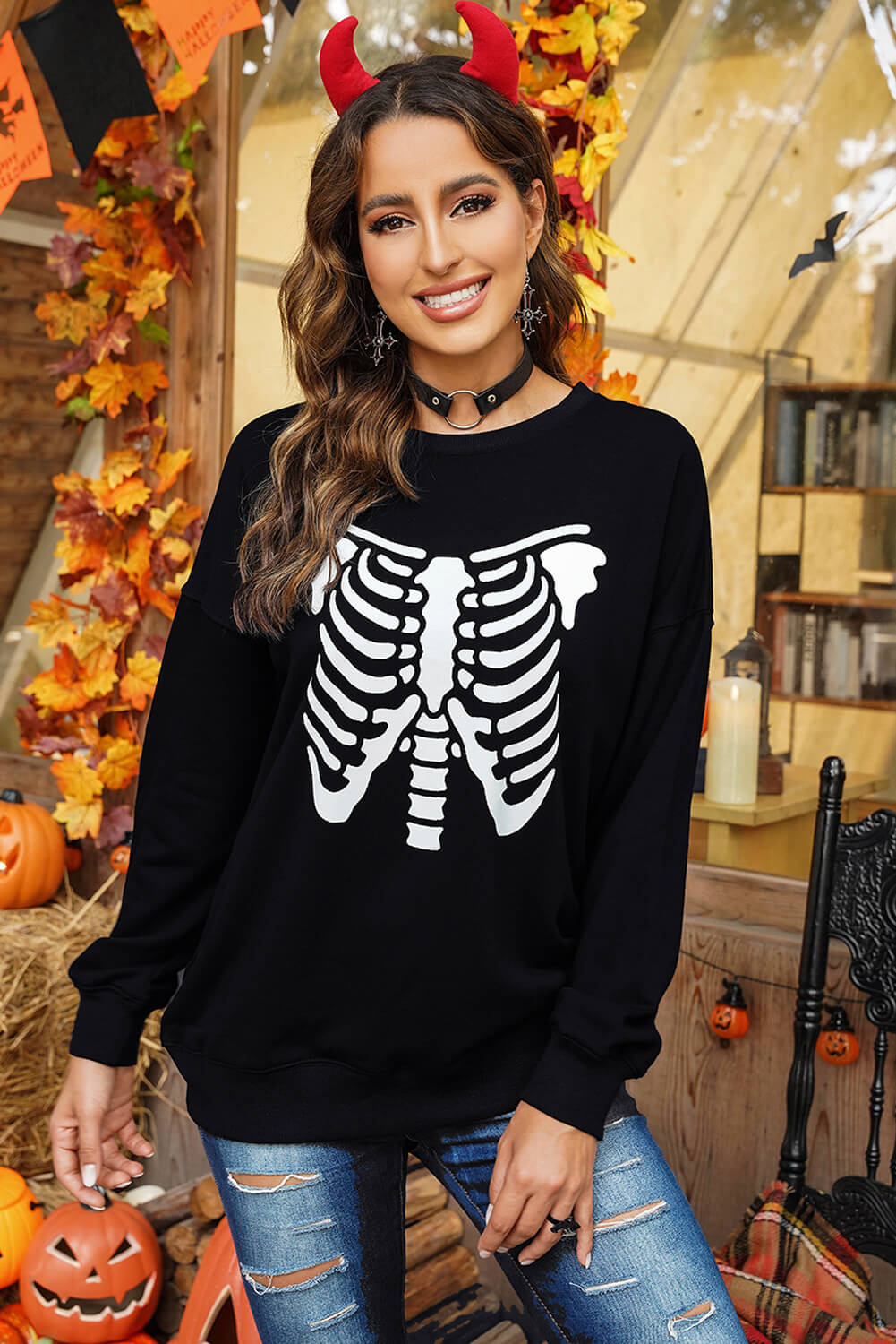 Halloween Skeleton Graphic Round Neck Sweatshirt - SHIRLYN.CO