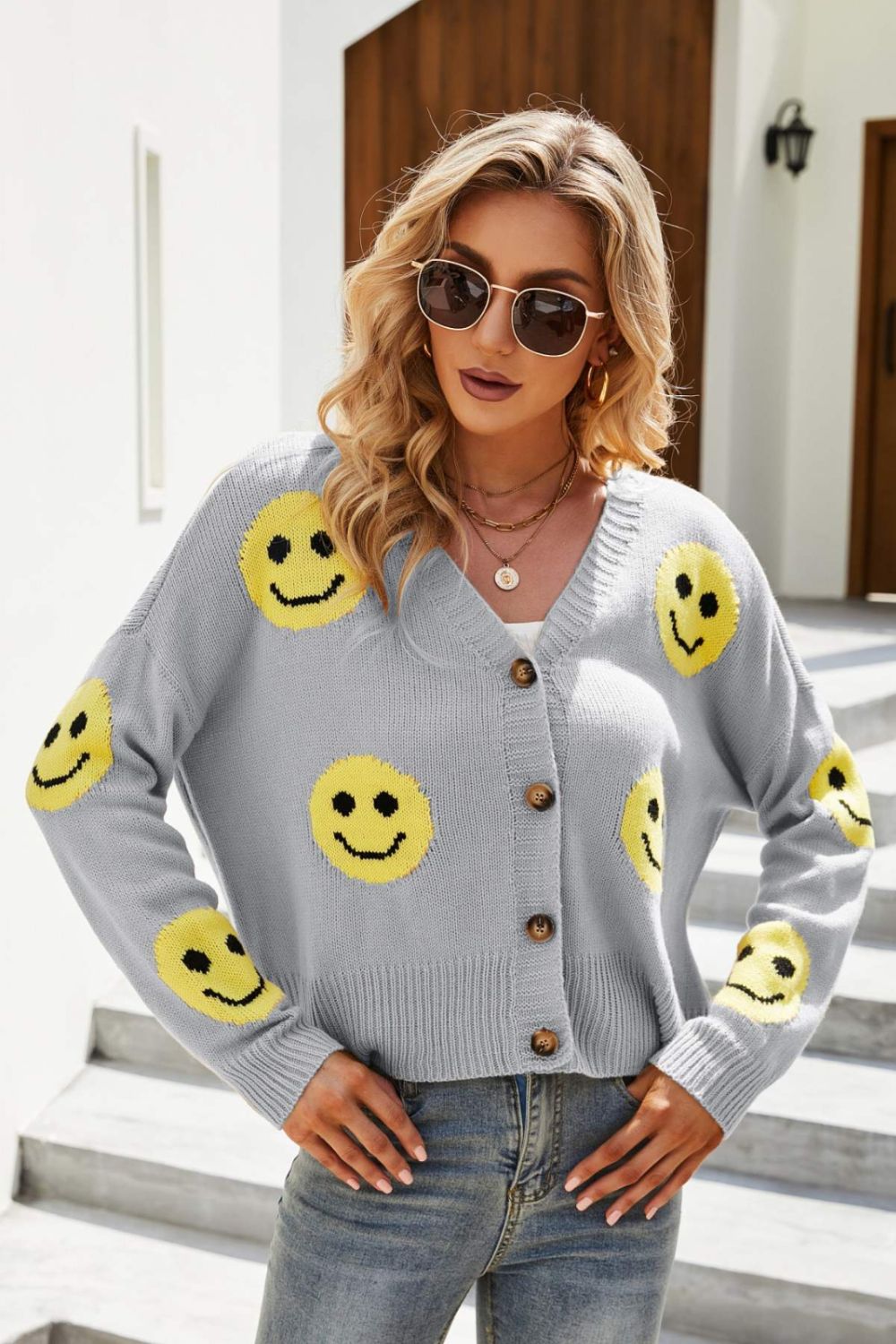 Smiley Face Ribbed Trim V-Neck Cardigan - SHIRLYN.CO