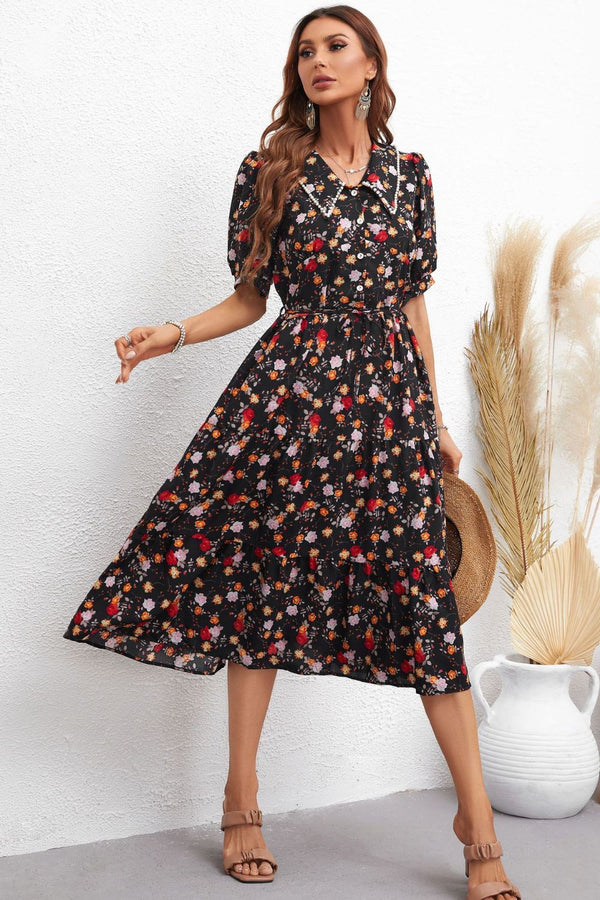 Floral Collared Neck Puff Sleeve Dress - SHIRLYN.CO