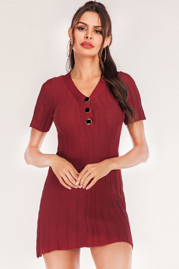 Buttoned Short Sleeve V-Neck Knit Dress - SHIRLYN.CO