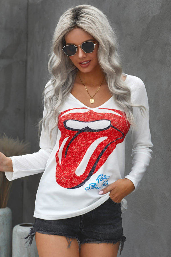 Lips Graphic V-neck T-Shirt - SHIRLYN.CO