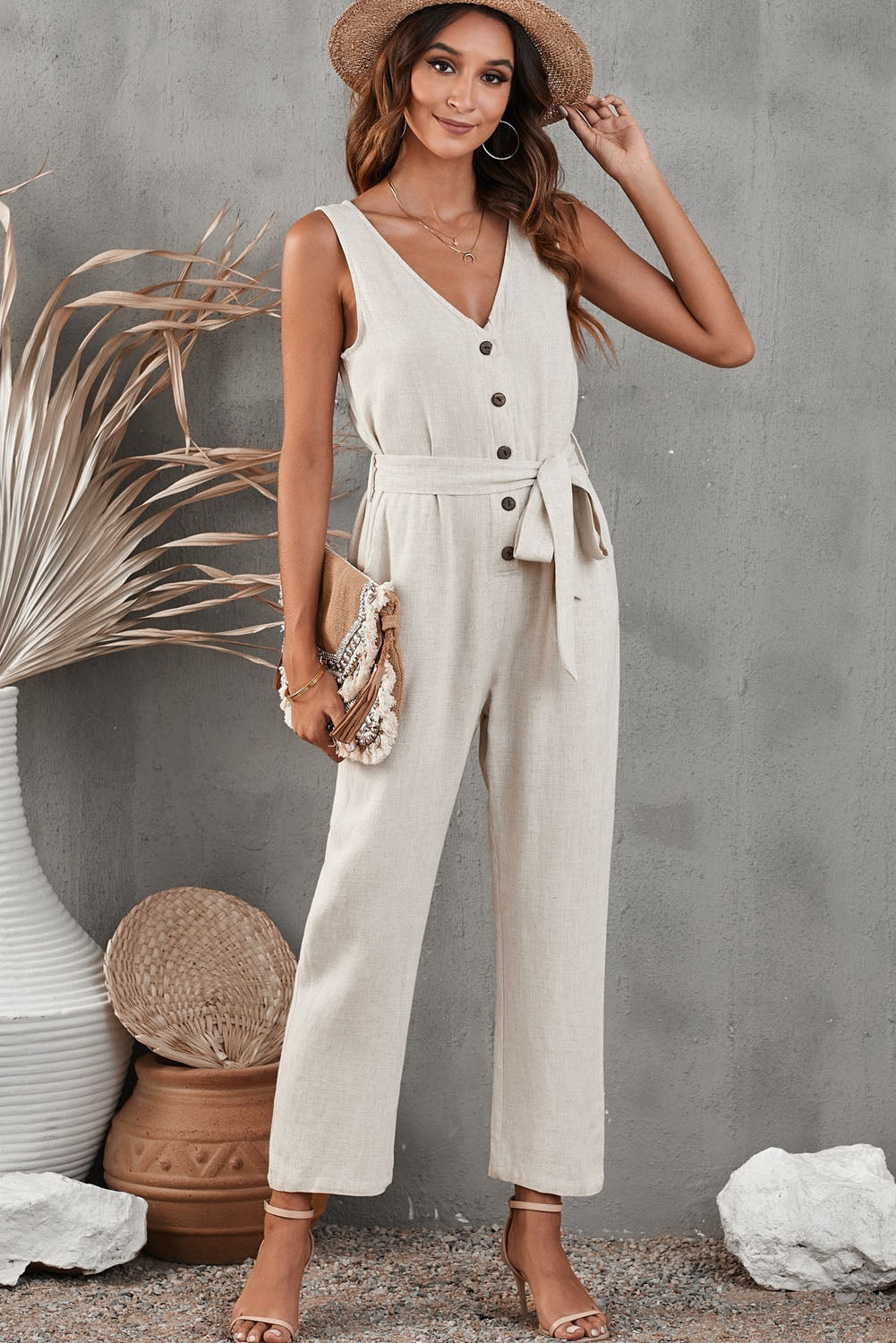 Belted V-Neck Sleeveless Jumpsuit with Pockets - SHIRLYN.CO