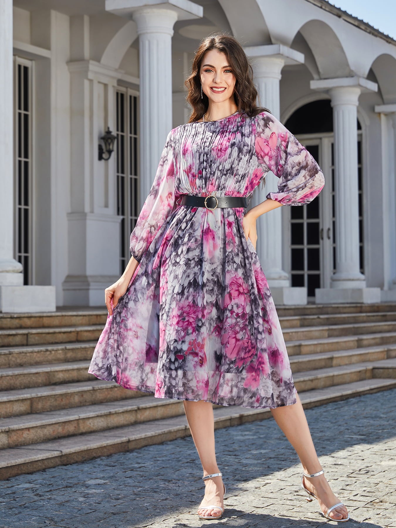 Floral Print Round Neck Balloon Sleeve Midi Dress - SHIRLYN.CO