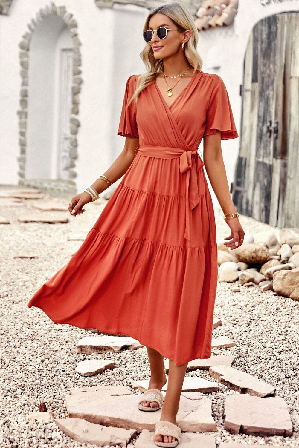 Belted Flutter Sleeve Tiered Surplice Dress - SHIRLYN.CO