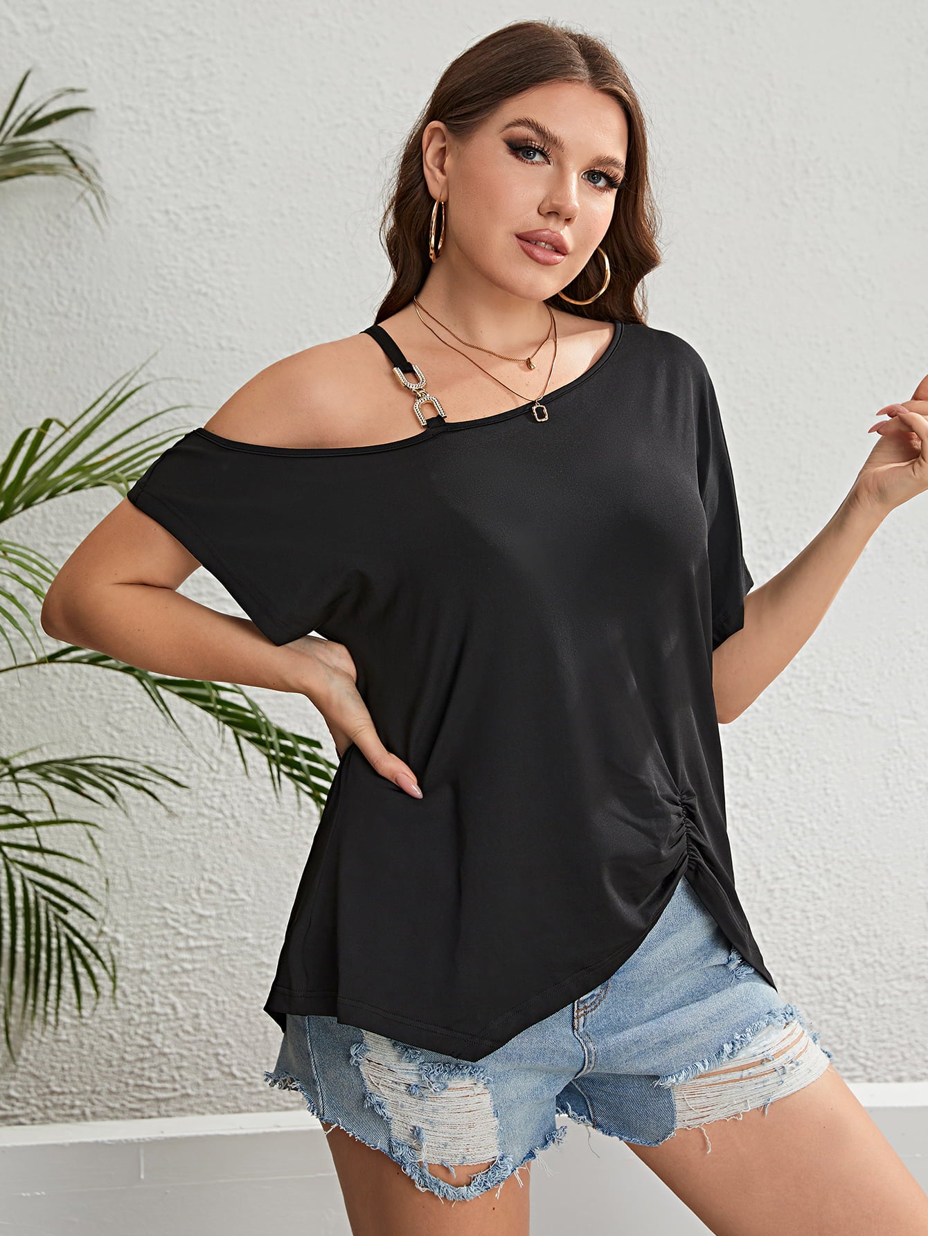 Plus Size Asymmetrical Neck Ruched Short Sleeve Blouse - SHIRLYN.CO