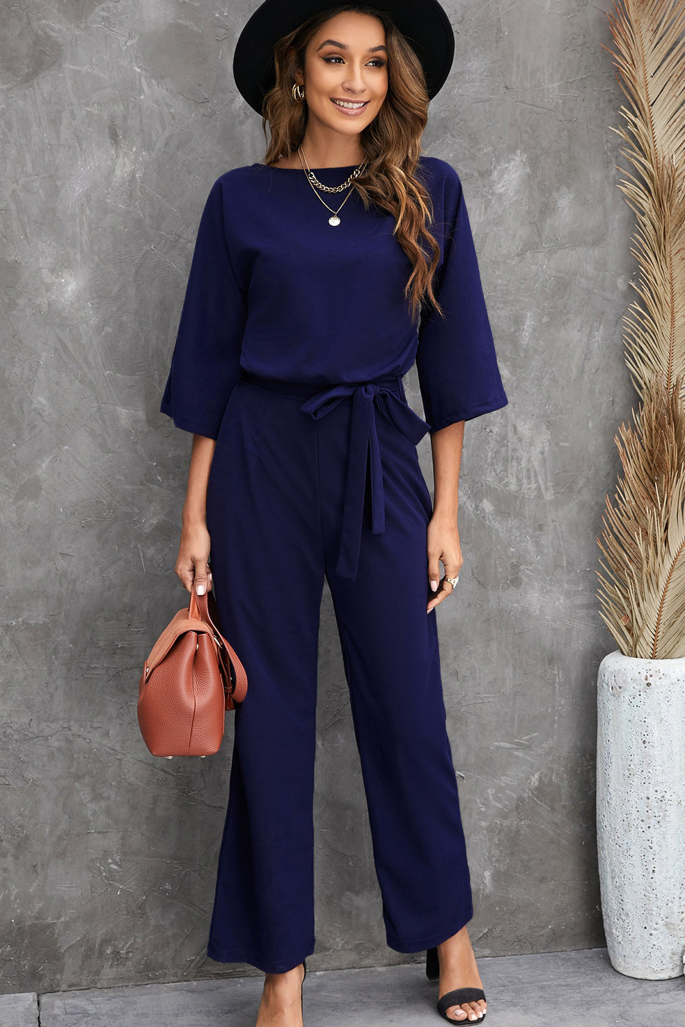 Belted Three-Quarter Sleeve Jumpsuit - SHIRLYN.CO