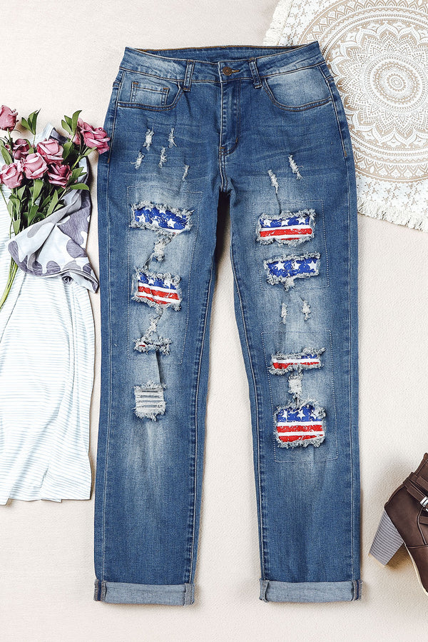 US Flag Patchwork Distressed Jeans - SHIRLYN.CO