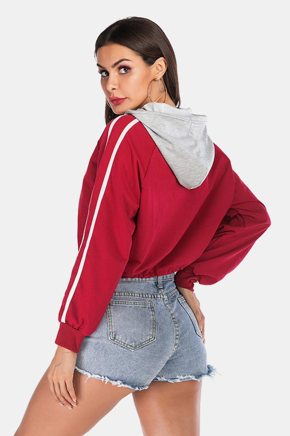 Full Size Side Stripe Drawstring Hem Cropped Hoodie - SHIRLYN.CO