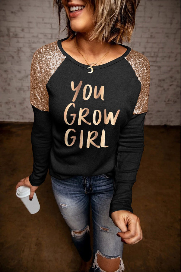 YOU GROW GIRL Sequin Long Raglan Sleeve Tee - SHIRLYN.CO