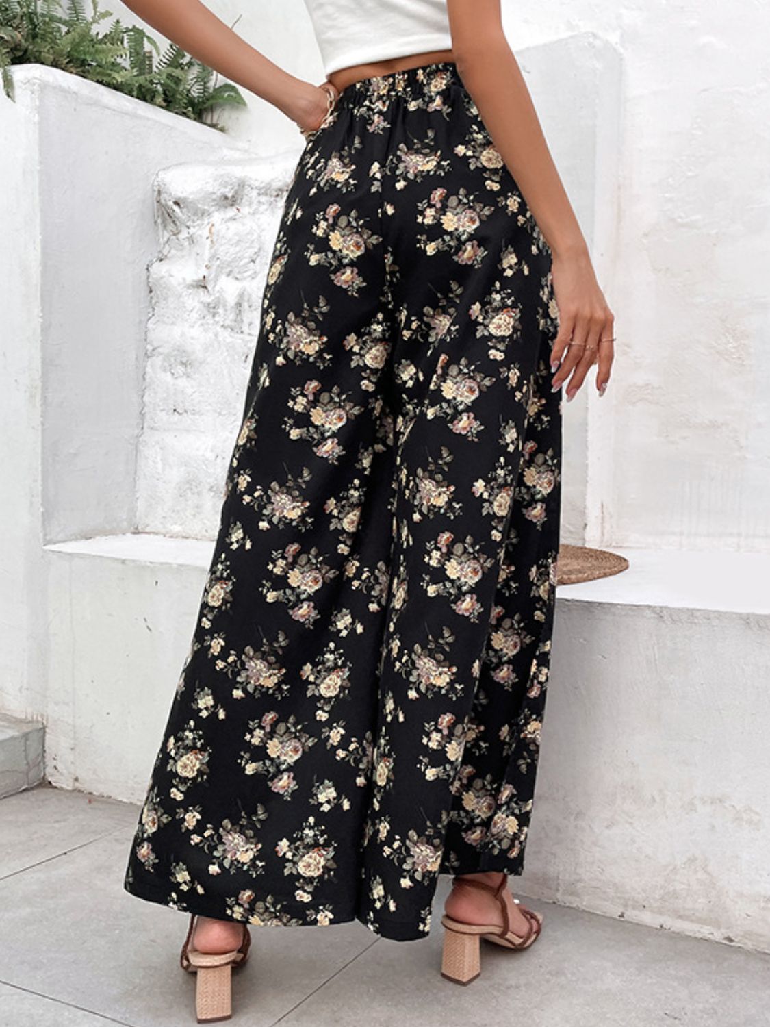 Floral Side Slit Wide Leg Pants - SHIRLYN.CO