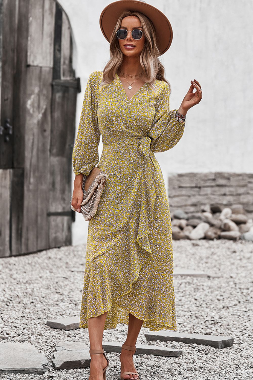 Floral Surplice Neck Long Sleeve Dress - SHIRLYN.CO