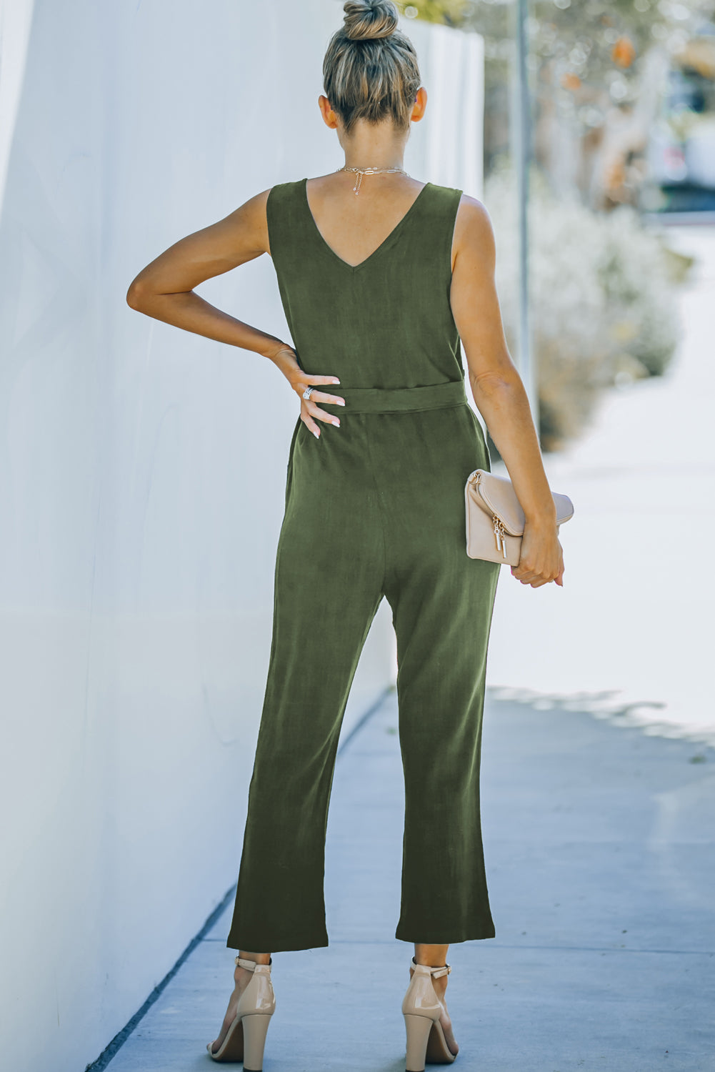 Belted V-Neck Sleeveless Jumpsuit with Pockets - SHIRLYN.CO