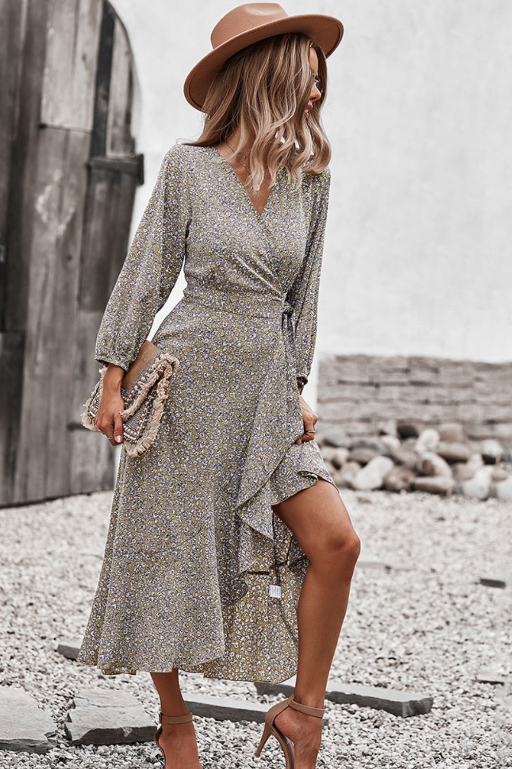 Floral Surplice Neck Long Sleeve Dress - SHIRLYN.CO