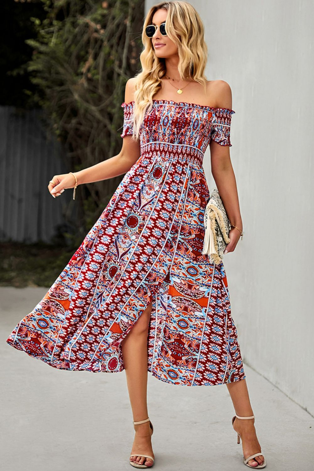 Bohemian Off-Shoulder Frill Trim Split Dress - SHIRLYN.CO