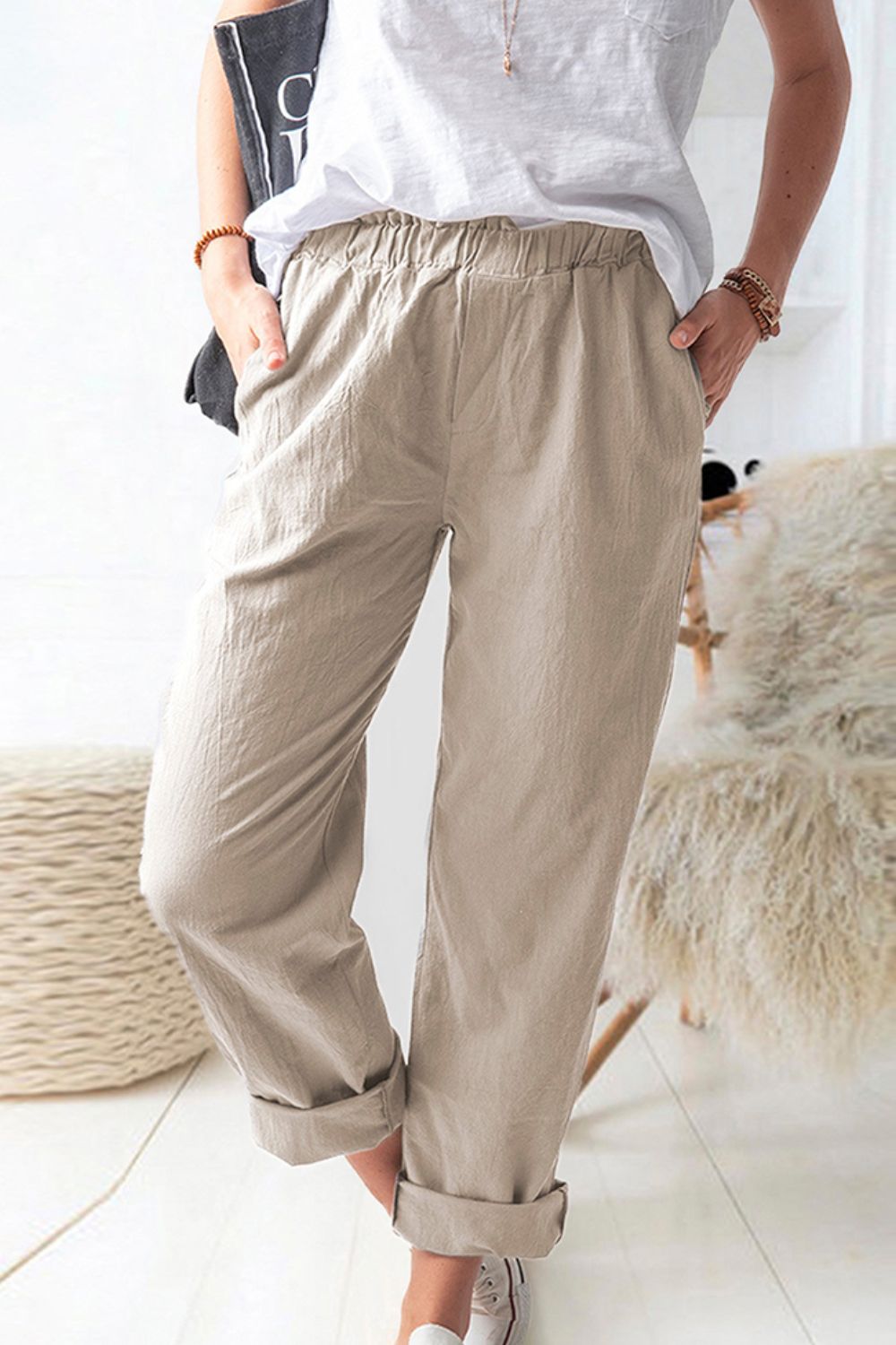 Paperbag Waist Pull-On Pants with Pockets - SHIRLYN.CO