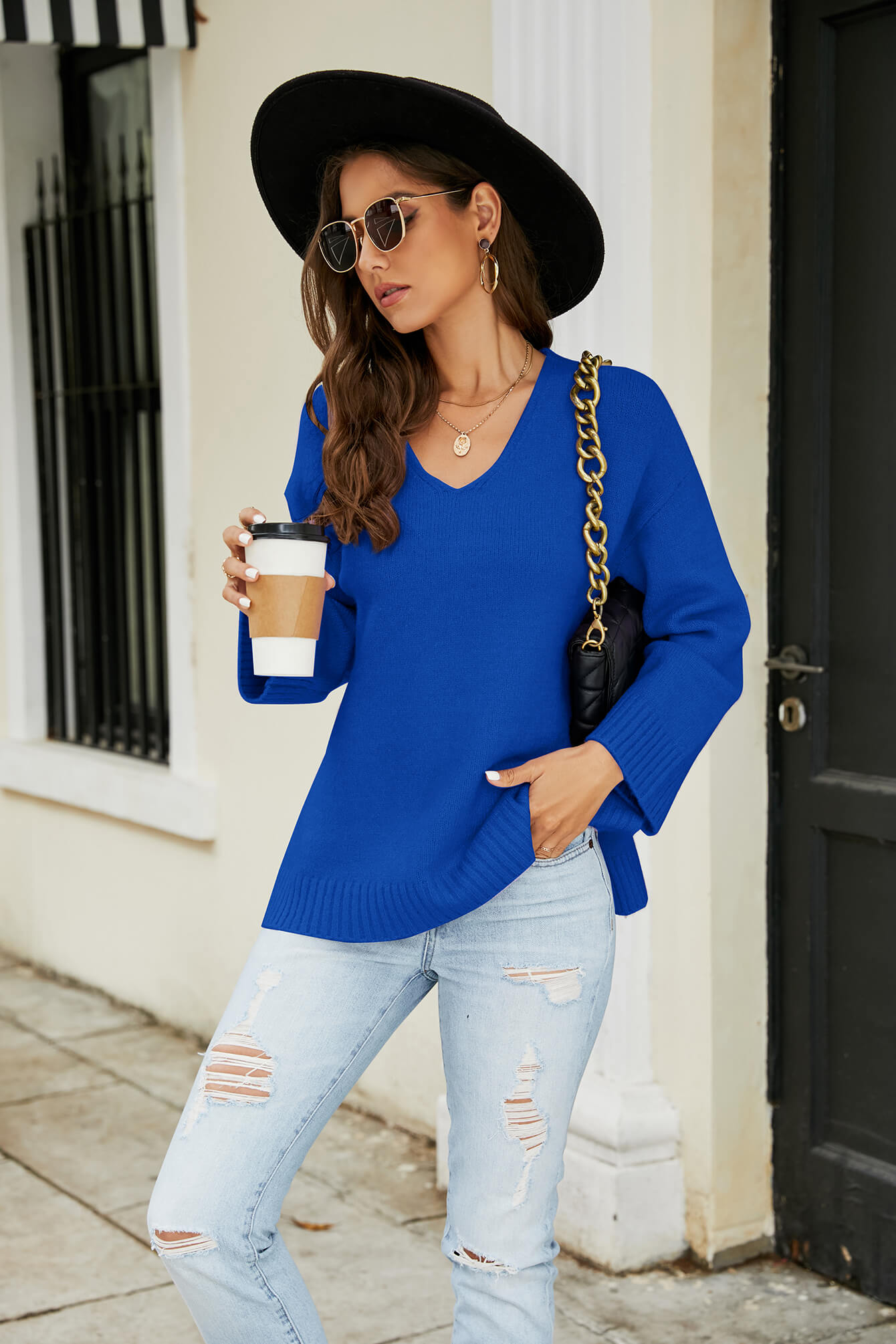 Drop Shoulder V-Neck Knit Pullover