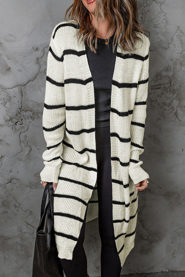 Striped Open Front Rib-Knit Duster Cardigan - SHIRLYN.CO