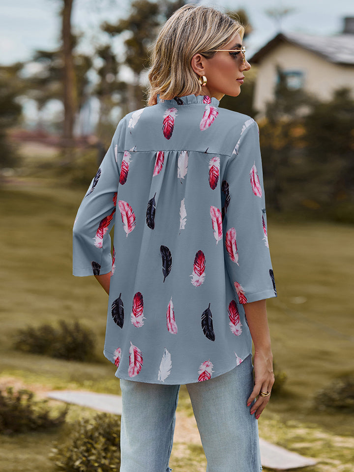 Printed Roll-Tab Sleeve Notched Neck Blouse