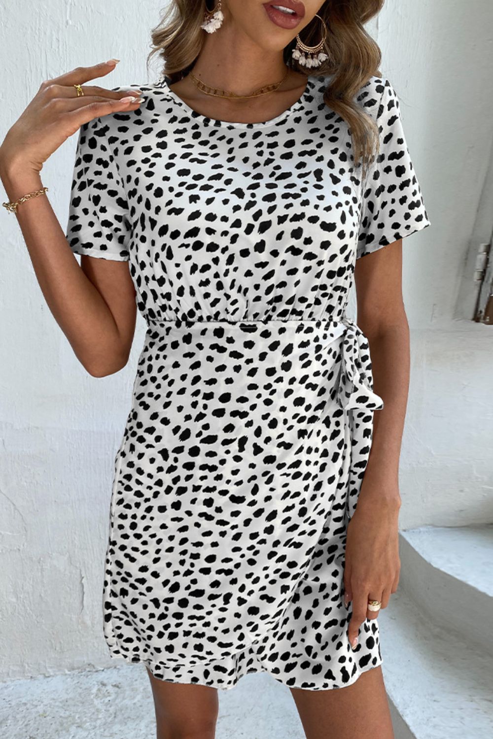 Animal Print Belted Keyhole Round Neck Dress - SHIRLYN.CO