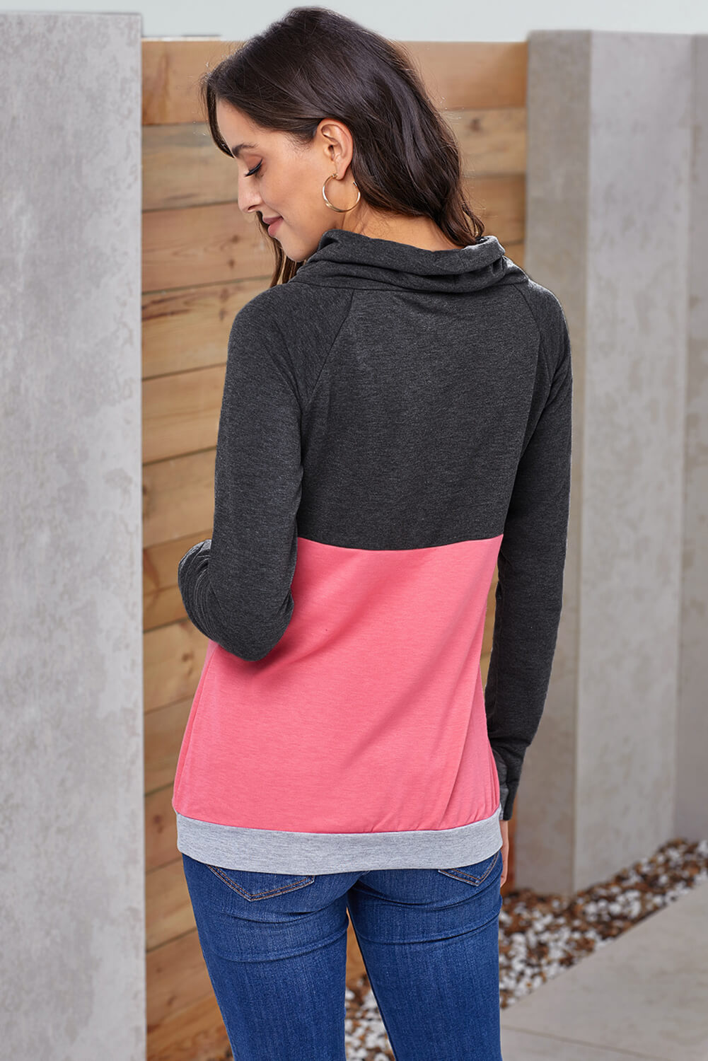 Color Block Raglan Sleeve Drawstring Sweatshirt - SHIRLYN.CO