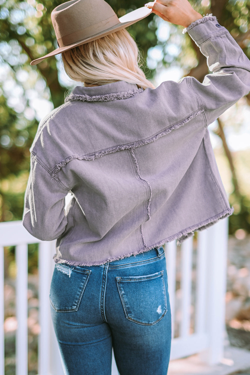 Frayed Trim Snap Down Denim Jacket - SHIRLYN.CO