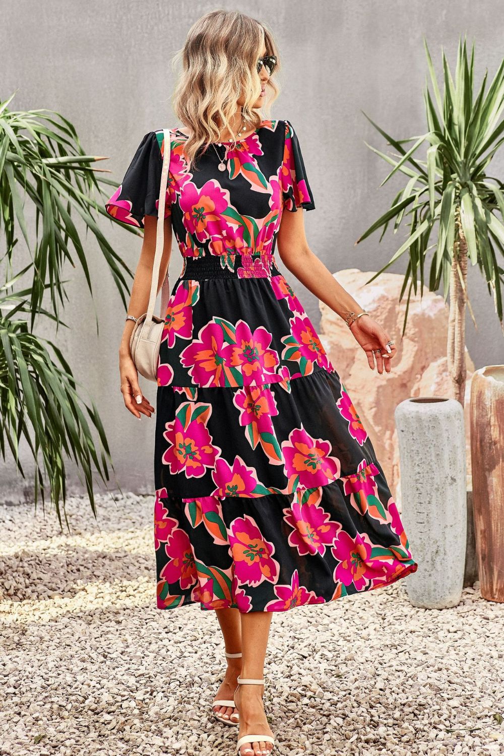 Floral Puff Sleeve Tiered Midi Dress - SHIRLYN.CO