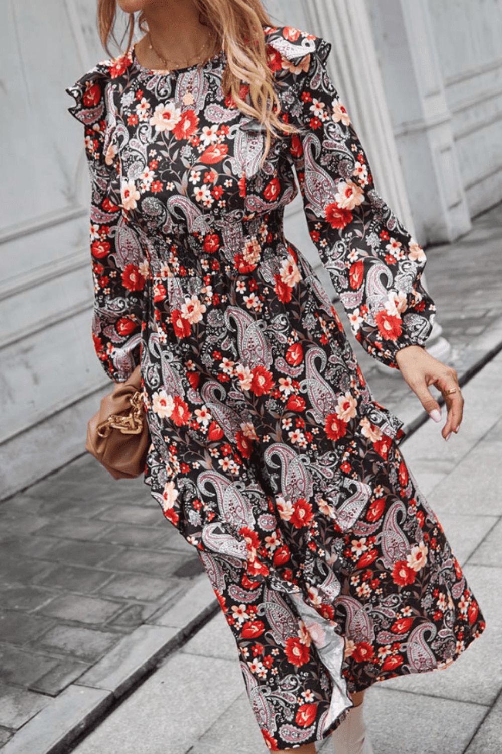 Floral Round Neck Long Sleeve Midi Dress