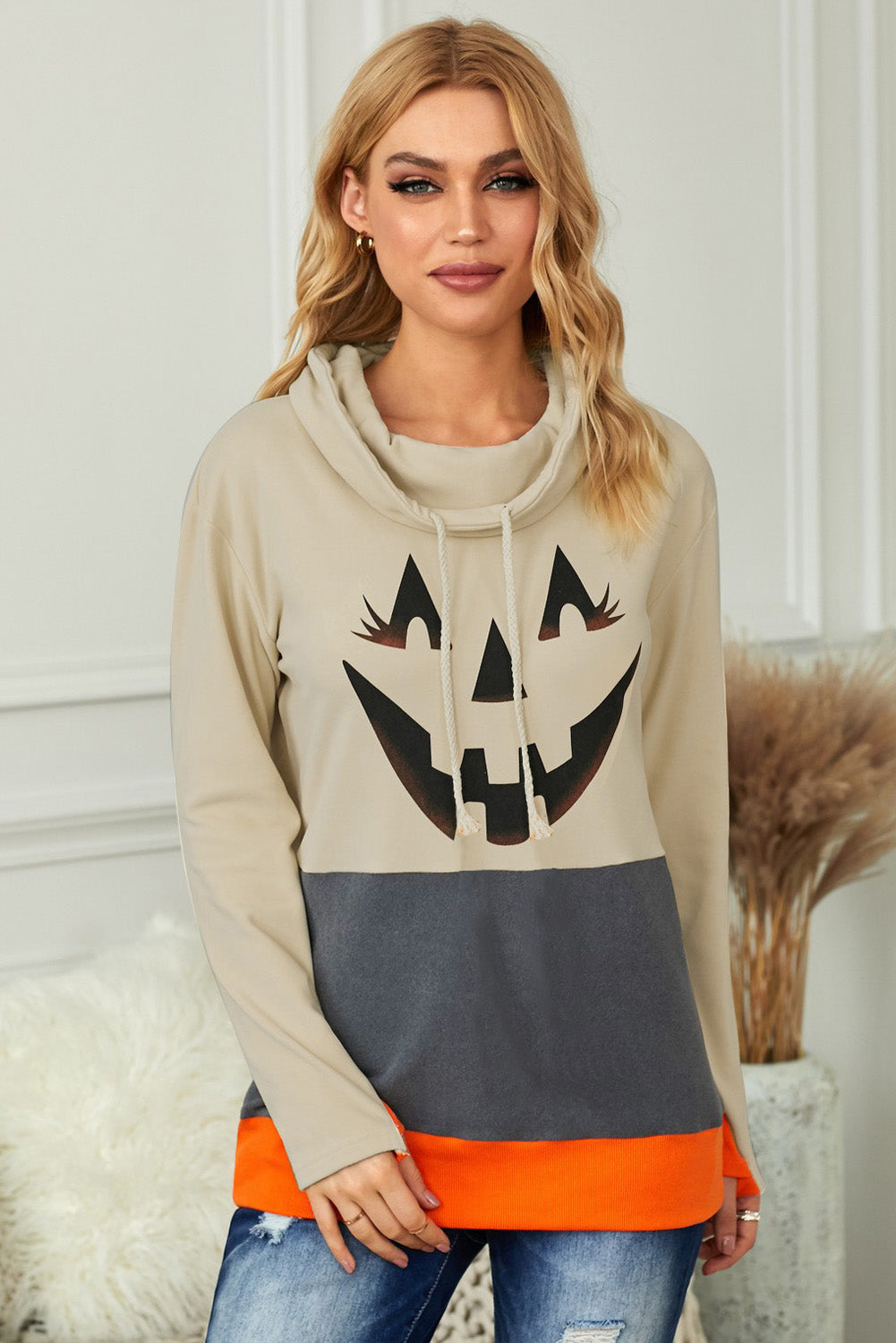 Halloween Print Color Block Drawstring Sweatshirt - SHIRLYN.CO