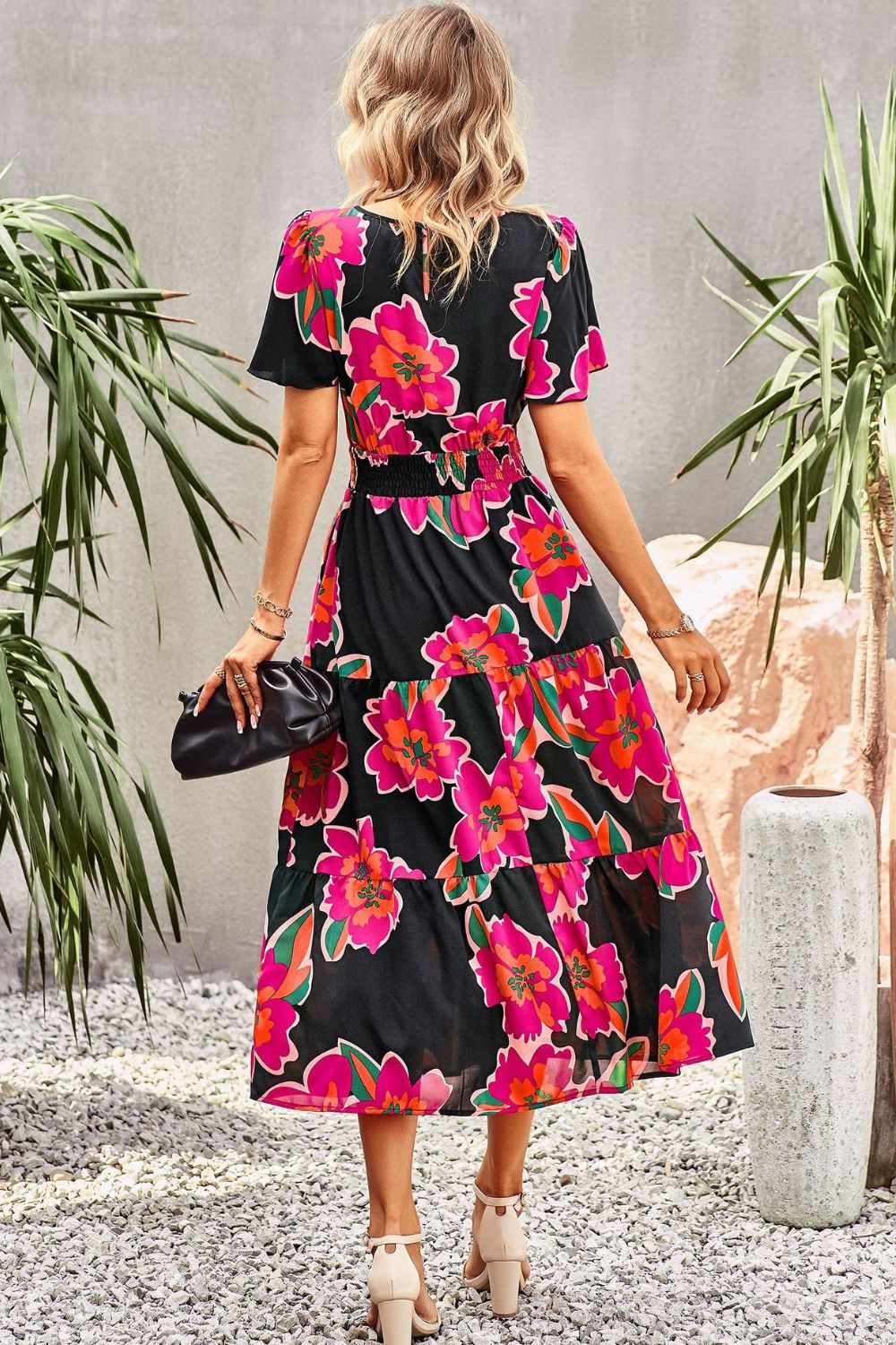 Floral Puff Sleeve Tiered Midi Dress - SHIRLYN.CO