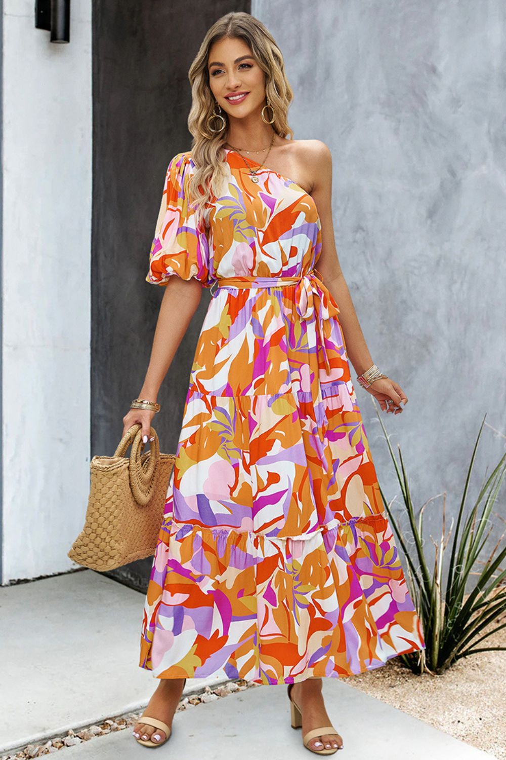 Printed One-Shoulder Tie Belt Maxi Dress - SHIRLYN.CO