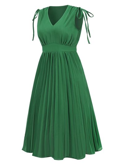 Pleated V-Neck Sleeveless Midi Dress