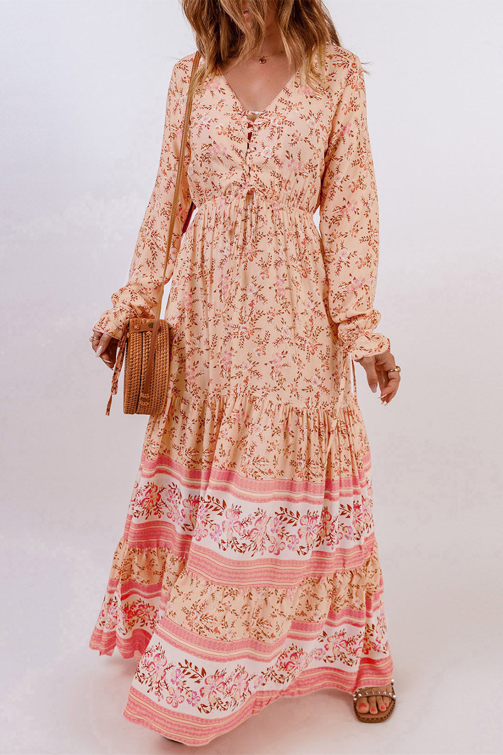 Bohemian Lace-Up Long Sleeve Maxi Dress - SHIRLYN.CO