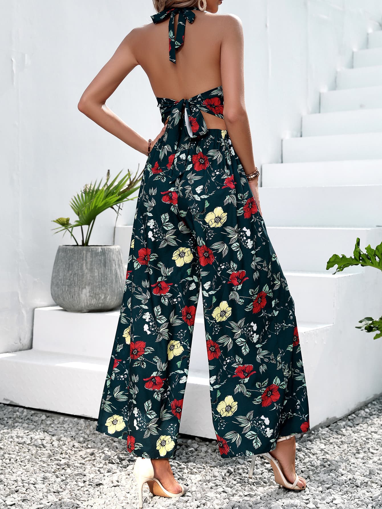 Floral Halter Neck Top and Wide Leg Pants Set - SHIRLYN.CO