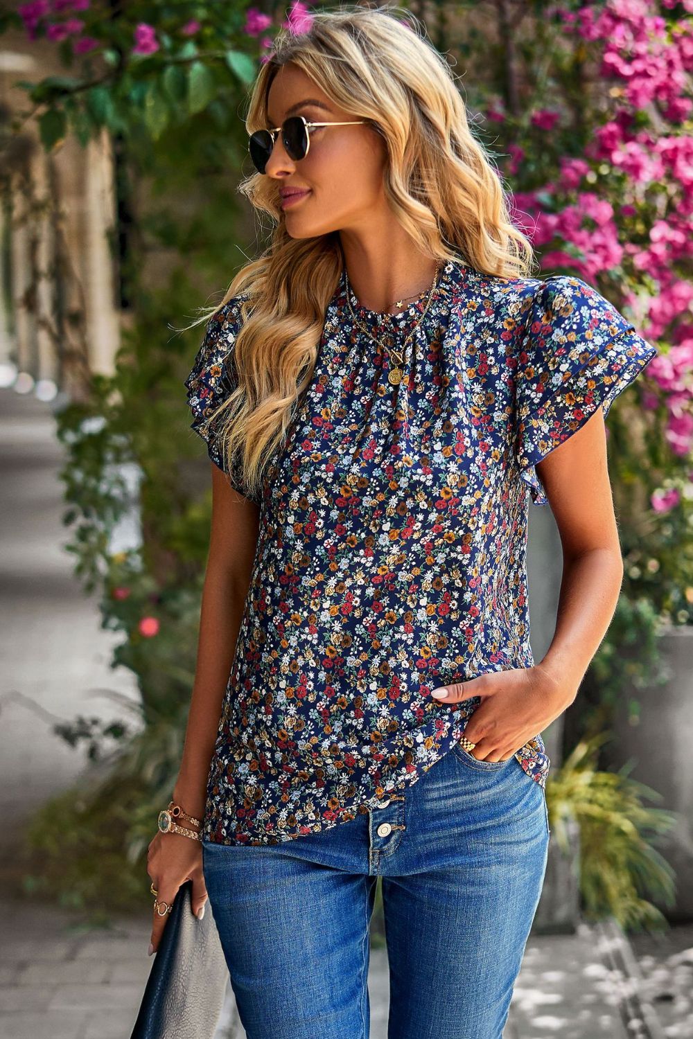 Floral Round Neck Flutter Sleeve Blouse - SHIRLYN.CO