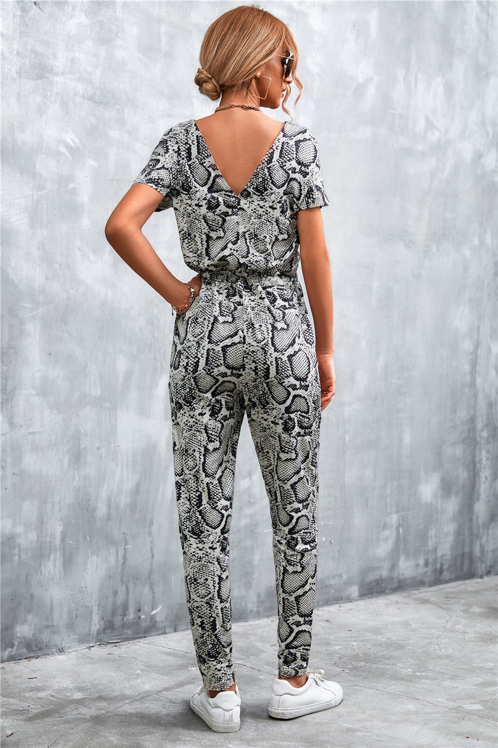 Animal Print V-Neck Jumpsuit with Pockets - SHIRLYN.CO